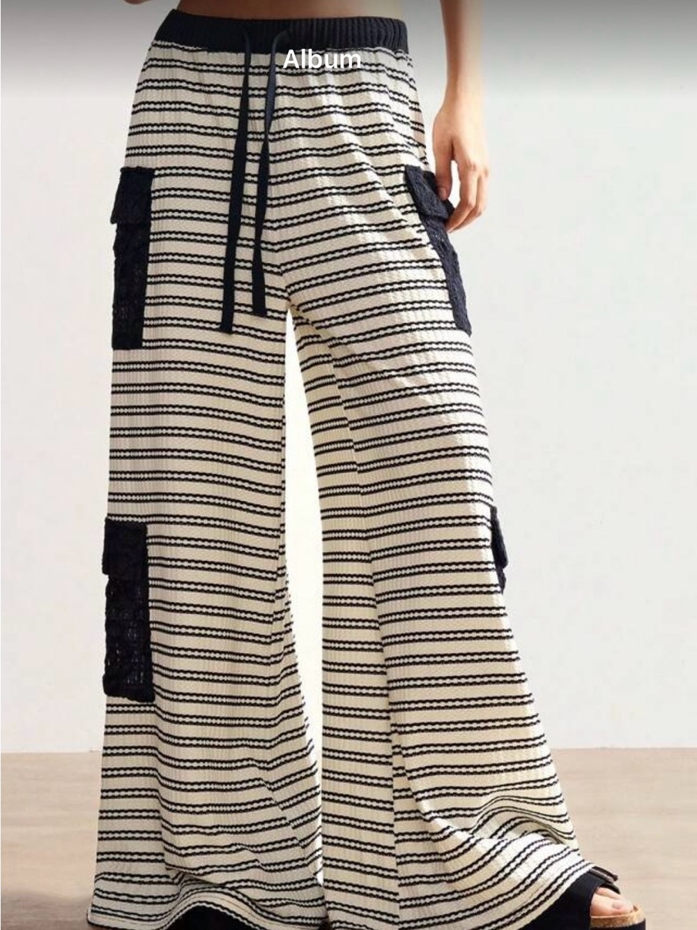 Striped Wide-Leg Cargo Pants with Lace Pockets - Cream & Black